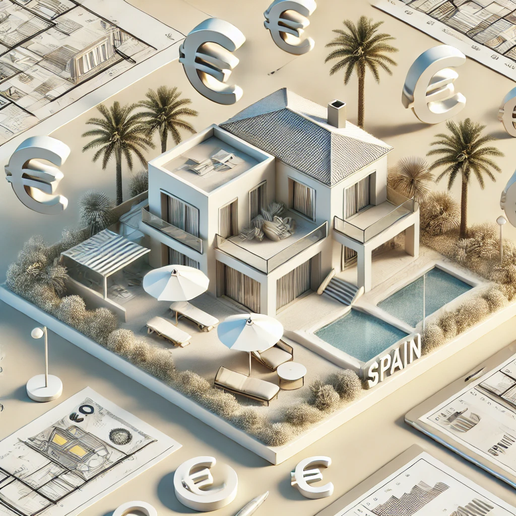 Blog 5 DALL·E 2025 03 14 17.31.48 A stylish and modern real estate themed featured image for a blog post about buying costs in Spain. The image should include elements like luxury vill